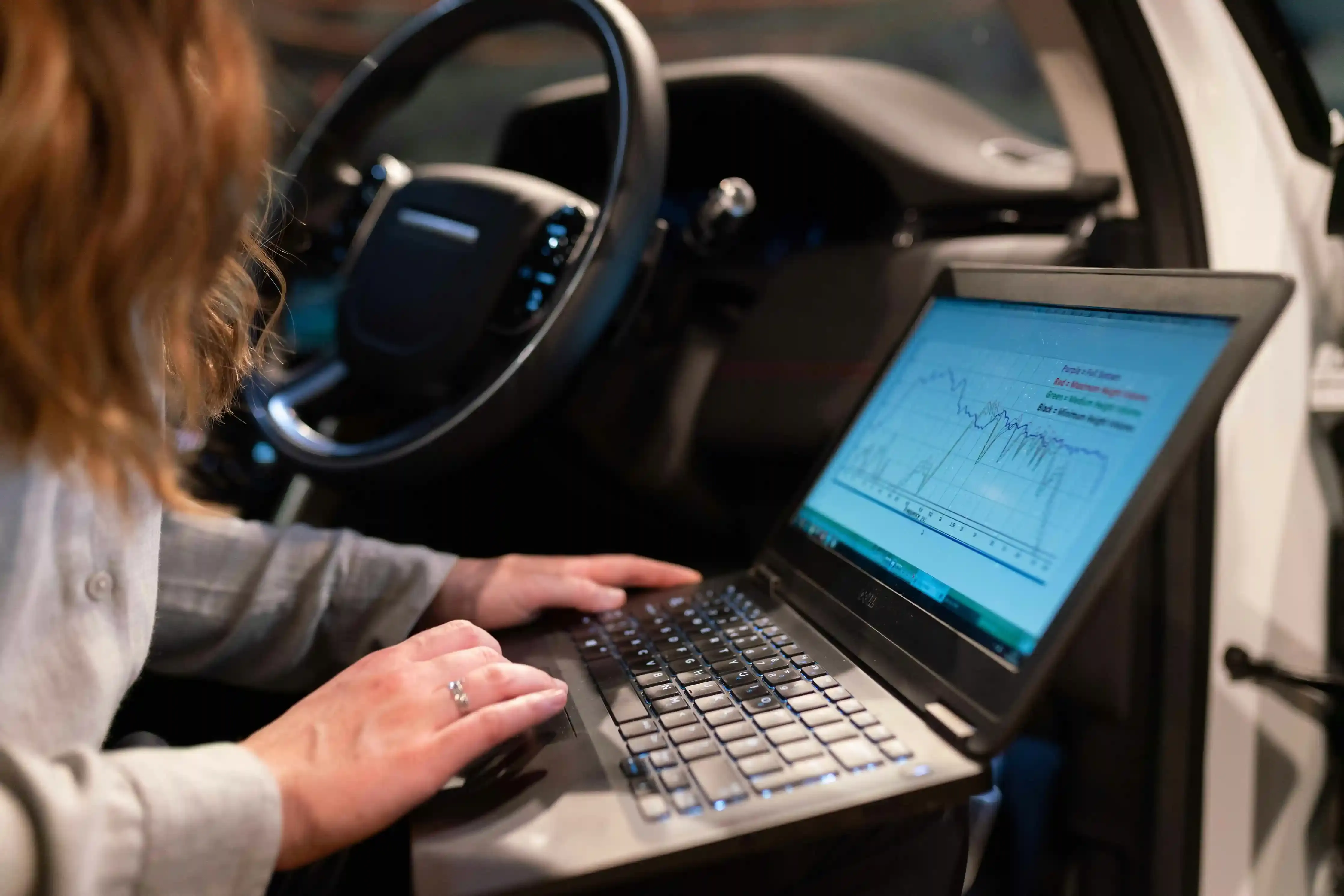 Tecnico collega uno strumento di diagnosi alla presa OBD di un'auto elettrica usata per verificare lo stato di salute della batteria